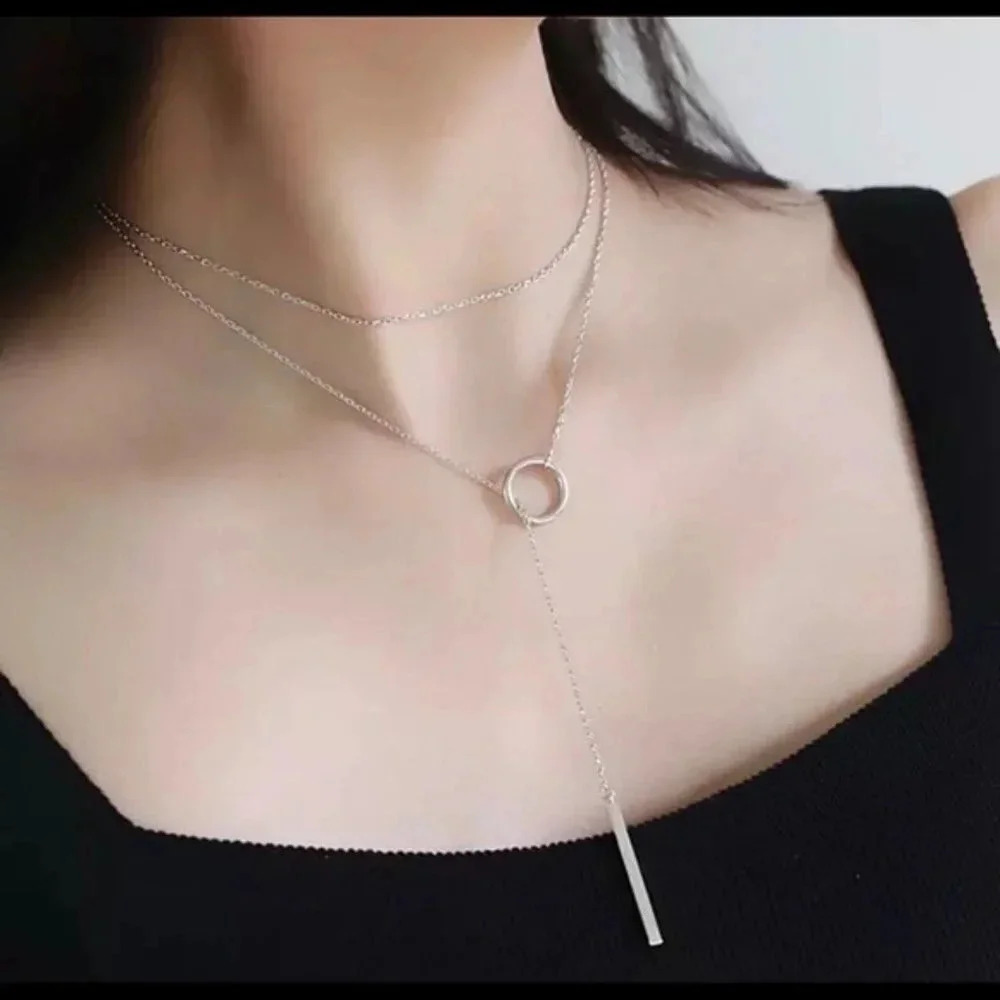 925 Sterling Silver Bar Necklace Circle Bar Drop Lariat Necklace